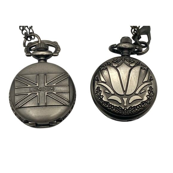 Unique Pocket Pendant Watches (2) Small - Full Hunter w/ Chains - New Batteries - Picture 1 of 10
